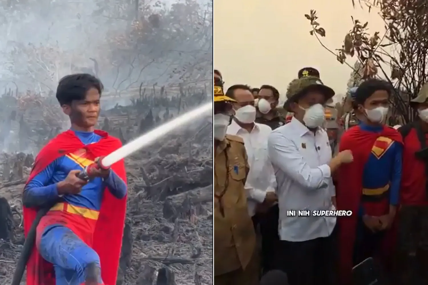 Spegne gli incendi vestito da Superman: questo 17enne è diventato il simbolo della lotta ai roghi in Indonesia